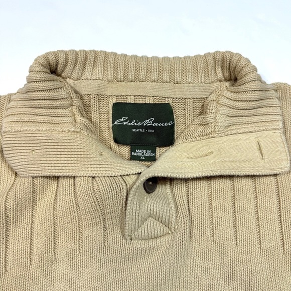 Vintage Eddie Bauer Men's XL 90s Henley Heavy Knit 1/Button Tan Sweater - Picture 5 of 7